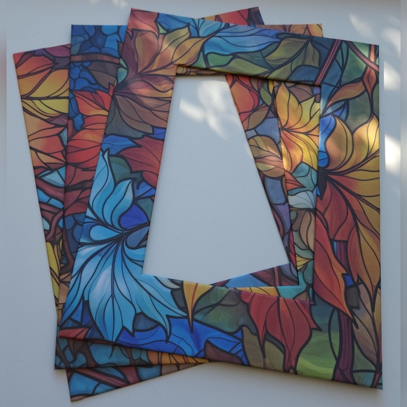 Set of 3 Vibrant Stained Glass Leaf Design Paper-Wrapped Mats - Picture 1 of 12